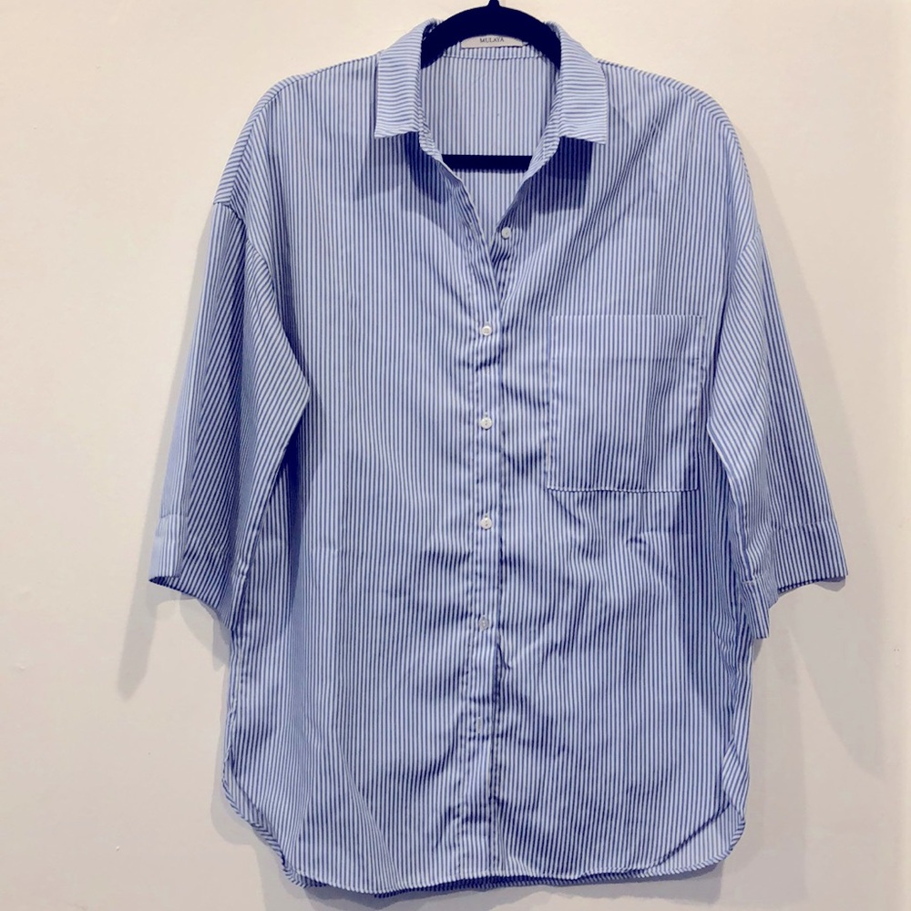 Striped white and blue button down shirt